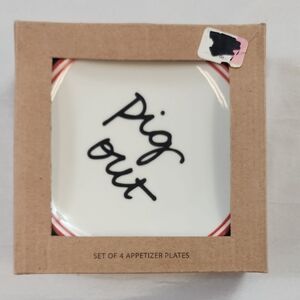 Formation Brands White Red Set Of 4x Appetizer Plates Black Text "Pig Out" NWT